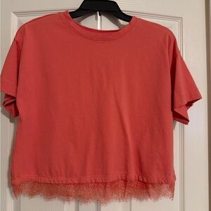 Loft- Coral Lace Hem Boxy Crop Shirt